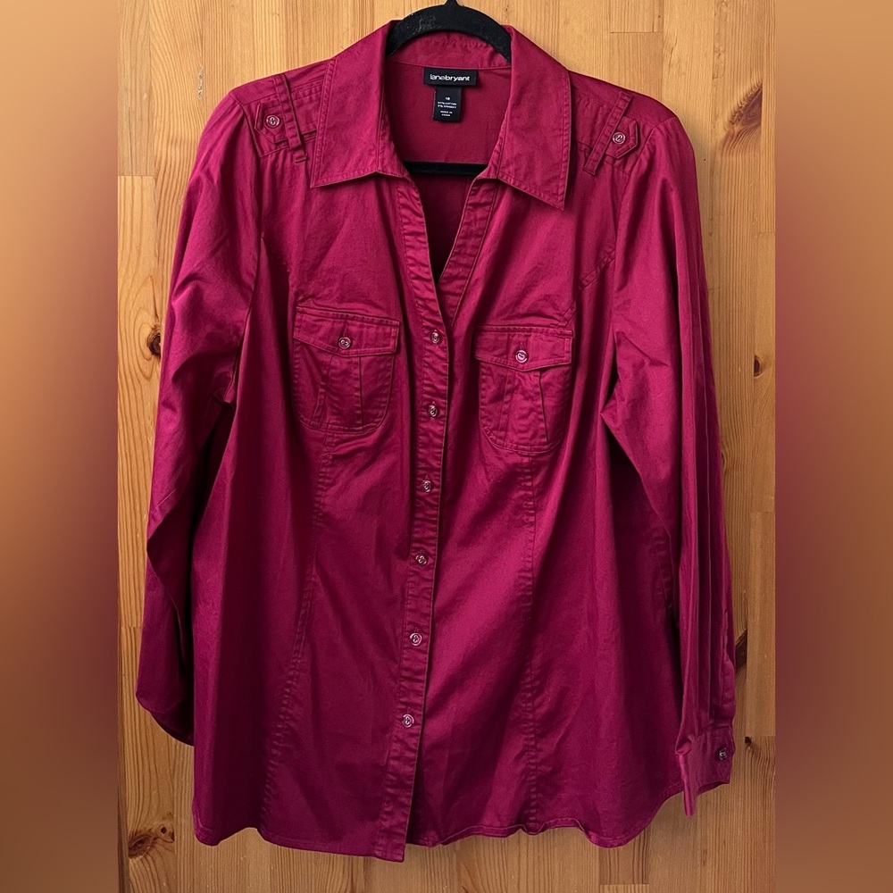 Lane Bryant Women's Dark Red Long Sleeve Heavyweight Button Up - Size 18